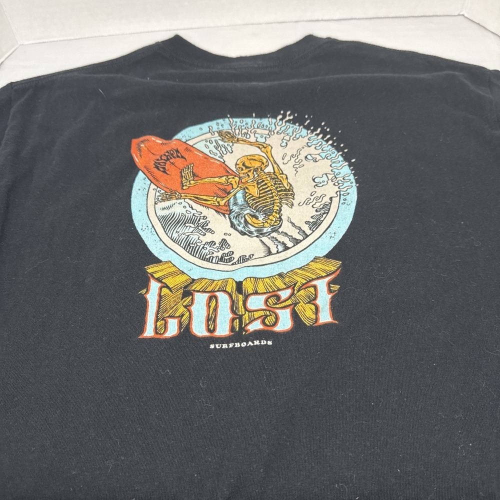 Lost Surfboards‎ T-Shirt Skeleton Surfing Graphic 2-Sided Black Men's M Y2K